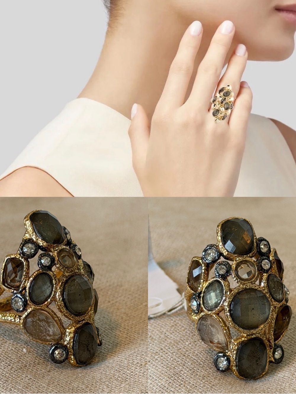 Neiman Marcus Gold-Tone Cluster Cocktail Ring with Smoky and Clear Stones